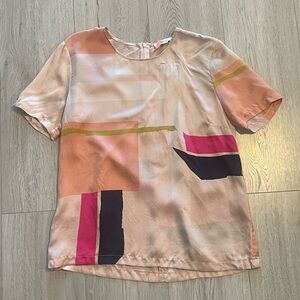 See By Chloé 100% Silk Pink Geometric Satin Crewneck T-Shirt Blouse